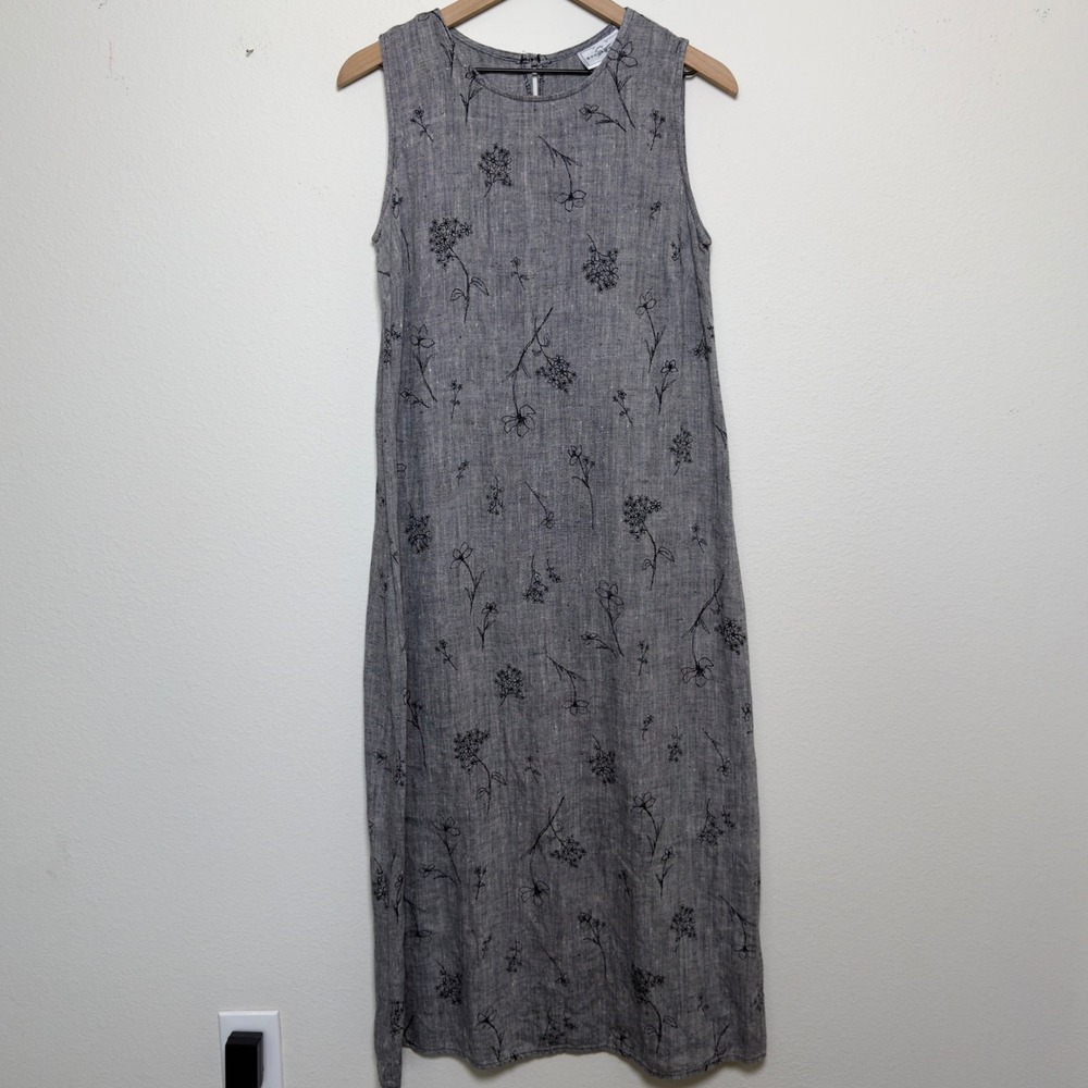Studio Ease‎ Women 100% Linen Maxi Jumper Dress 10 Gray Floral Indie Grunge